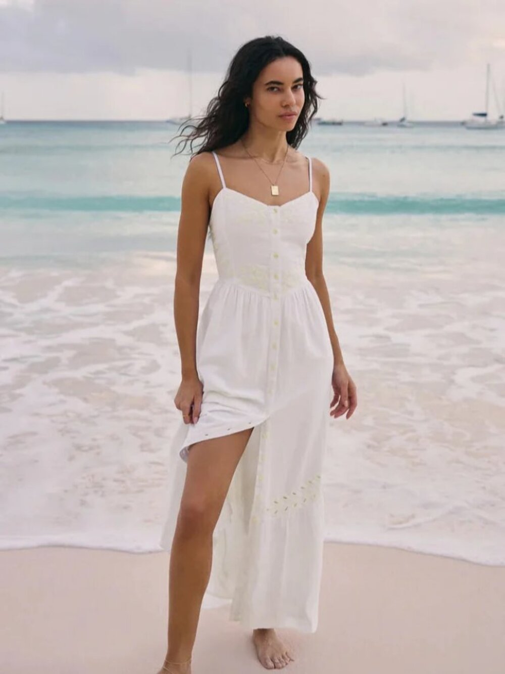 Z SUPPLY Citadelle White Embroidered Linen Cotton Maxi Dress - Medium